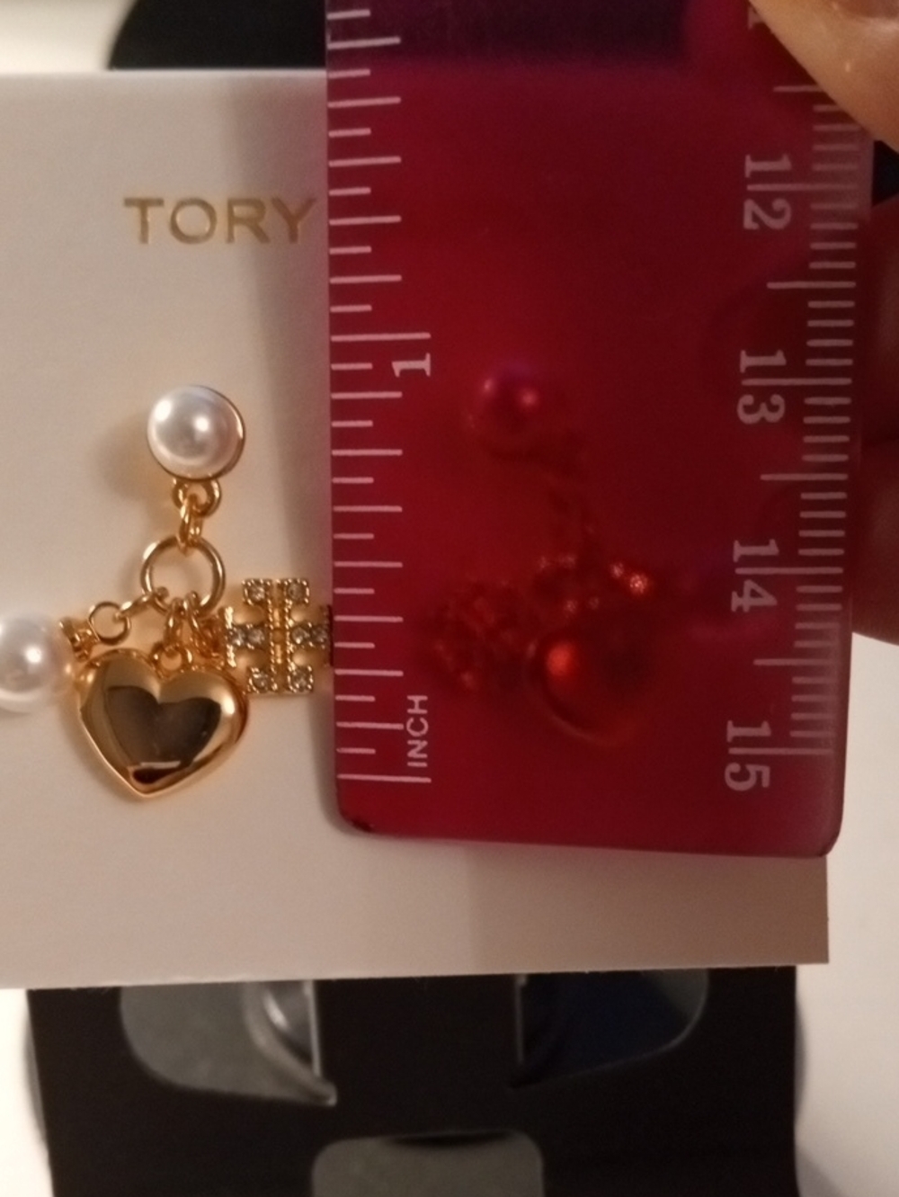 Tory Burch Gold Heart and Pearl Charm Drop Earrings - Picture 6 of 6